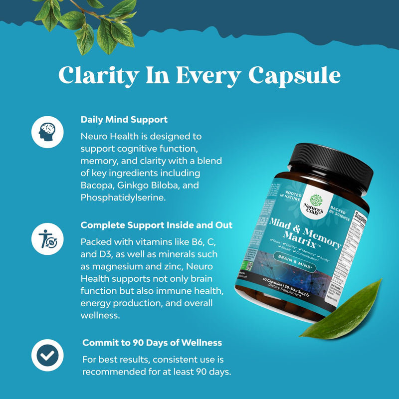 Advanced Nootropics Brain Support Supplement - Synergetic Mental Energy and Focus Supplement with Brain Vitamins for Cognitive Enhancement - Mind and Memory Supplement for Brain Health (30 Servings) 60 Count (Pack of 1)