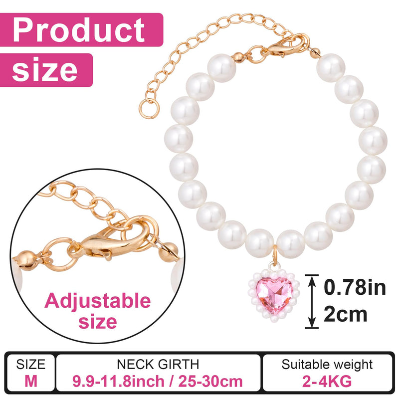 Cat Pearl Collar with Heart Pendant, Cute Pearl Pet Necklace in Medium, Adjustable Wedding Party Small Dog Jewelry Accessories for Puppy Kitten- Pink - BeesActive Australia