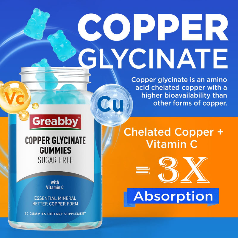 Copper Supplements Gummies, 2mg Chelated Copper Glycinate, 60 Count | Copper with Vitamin C, High Absorption for Women Men Adults, Immune, Energy, Skin & Bone Health, Sugar Free