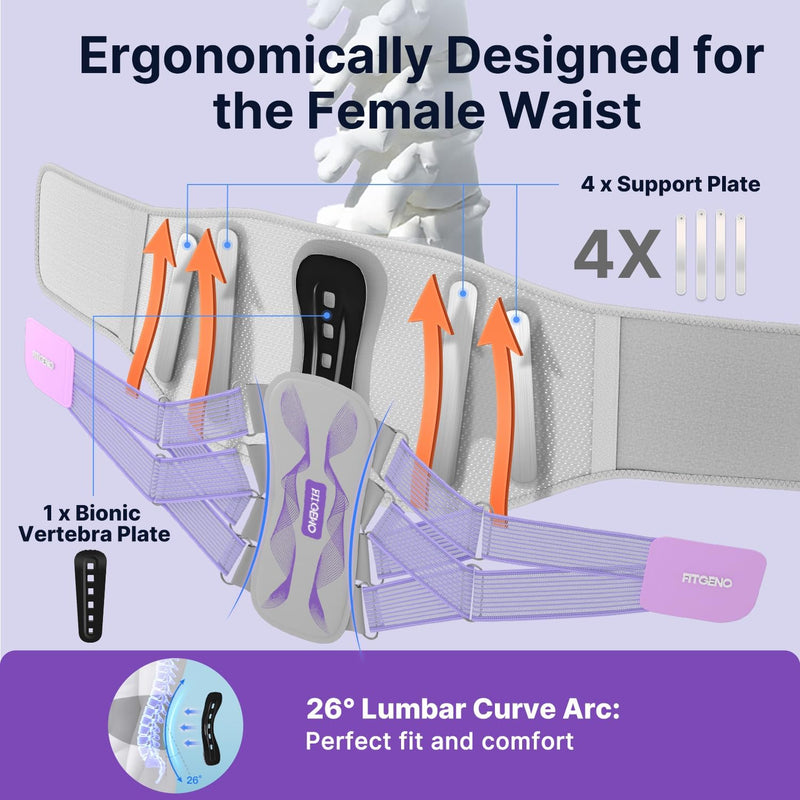 Fit Geno Back Brace for Lower Back Pain Women: Adjustable Lumbar Support Brace for Pain Relief - Breathable Waist Belt for Comfort - L/XL Purple
