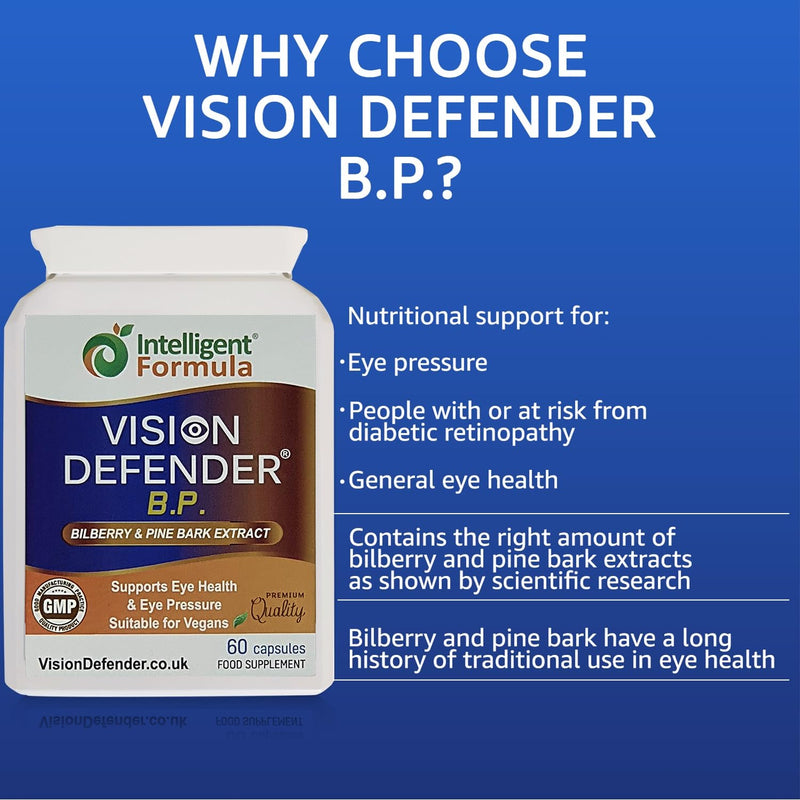 Vision Defender BP - Bilberry & Pine Bark Eye Supplement, 60 Vegan Capsules | Eye Pressure & Eye Health Support, Anthocyanin & Procyanidin Antioxidants, 1-2 a Day, 1-2 Month Supply, Gluten & Lactose Free