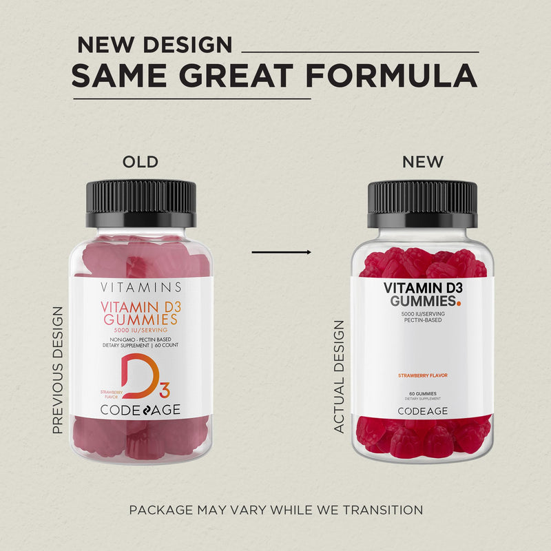 Codeage Vitamin D3 Gummy Vitamins, Vitamin D3 5000 IU Gummies Cholecalciferol 125 mcg - 2-Month Supply - Soft Pectin-Based, Animal Gelatin-Free Vitamins Gummy, Strawberry, Gluten-Free - 60 Gummies
