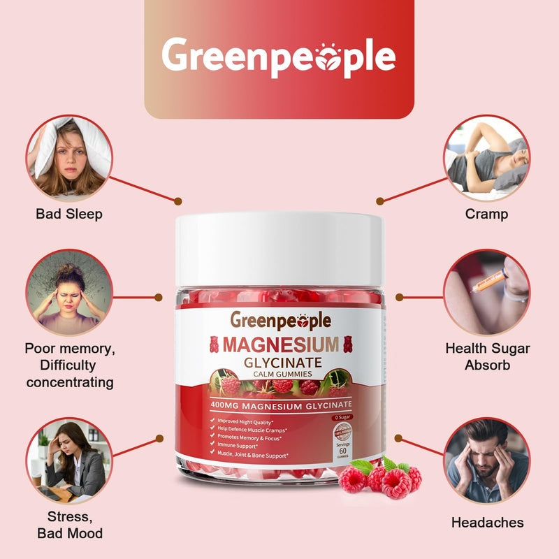 GREENPEOPLE Magnesium Glycinate Gummies 400mg - Raspberry, 60ct | Chelated Sugar Free,High Absorption Supplement with Magnesium Citrate,Vitamin D & B6 Calm,Sleep & Stress Support for Adults 60 Count (Pack of 1)