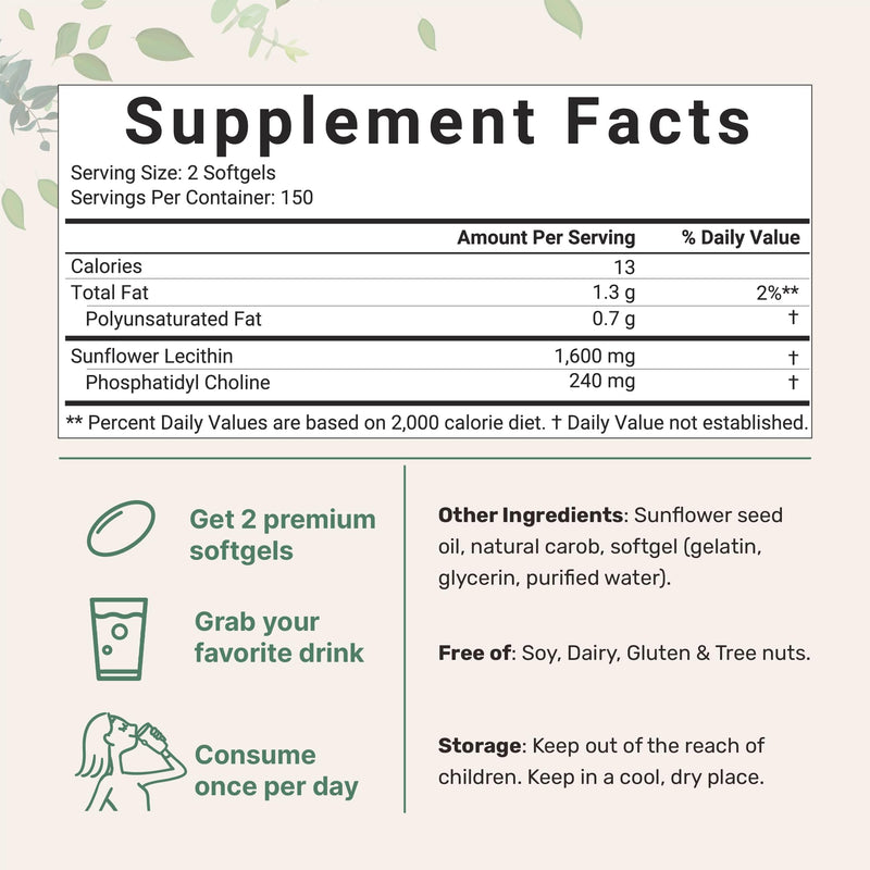 Micro Ingredients Sunflower Lecithin 1,600mg Per Serving, 300 Softgels | Sustainably Farmed Source, Cold Pressed, Rich in Phosphatidyl Choline | Lactation Supplement | Soy Free, Non-GMO - BeesActive Australia