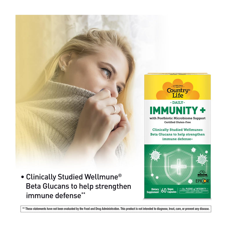 Country Life Immunity+ with Wellmune and EpiCor, 60 Vegan Capsules | Clinically studied Wellmune beta glucans with EpiCor postbiotic, vitamin C, vitamin D and zinc for immune and gut support