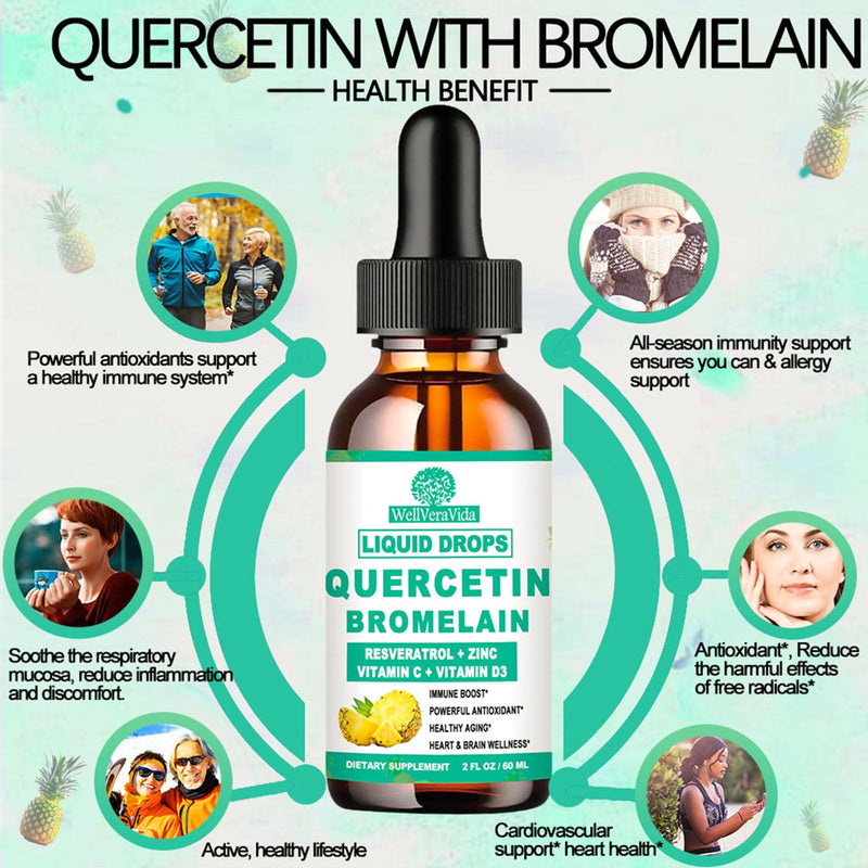 Quercetin with Bromelain, Liquid Quercetin Supplement, Capsule Alternative | Quercetin 1000mg with Bromelain 500mg, Zinc, Vitamin C & D3 for Immune, Antioxidant & Respiratory Support, Non-GMO, 2Fl Oz Pineapple 2 Fl Oz (Pack of 2)