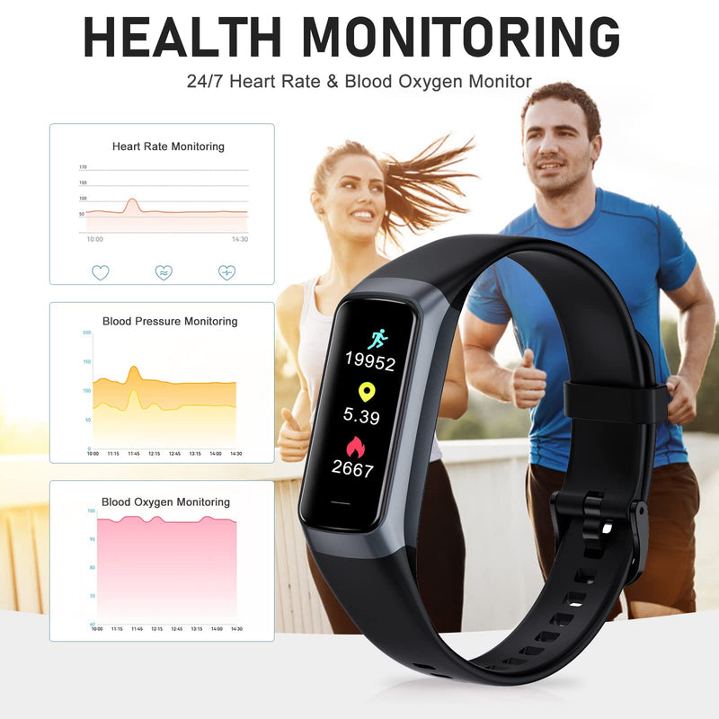 Fitness Tracker, Activity Trackers with 24/7 Heart Rate, Blood Oxygen Blood Pressure Sleep Monitor, Step Counter with 1.1" AMOLED Touch Color Screen, Calorie Pedometer Health Smart Watch for Women Men black