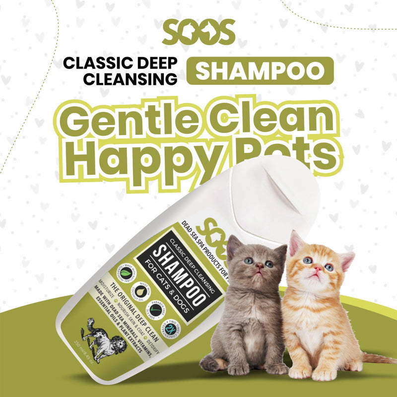 Soos Pets Dog Shampoo for Cats and Pets Natural Dead Sea Classic Deep Cleansing Fast Absorbing Coat with Vitamins Minerals Essential Oils Natural Ingredients Antib-acterial - 1x Pet Shampoo (250ml) - PawsPlanet Australia