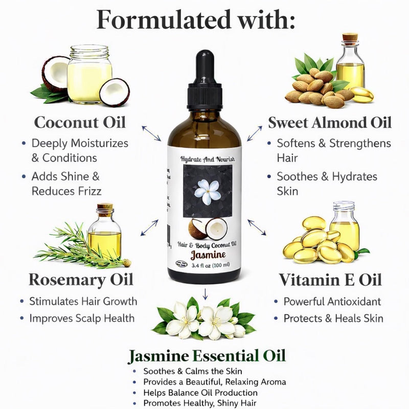 Jasmine Hair & Skin Coconut Oil - Hydrating Coconut & Sweet Almond Oil Blend with Rosemary & Vitamin E, Moisturizing Body Oil for Soft, Glowing Skin & Shiny Hair - 3.4 fl oz Jasmine 3.4 Fl Oz (Pack of 1)