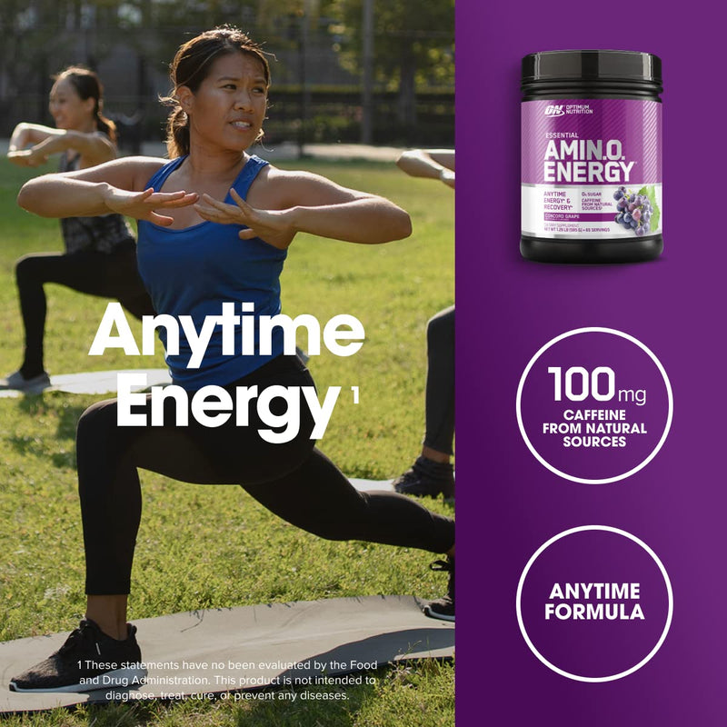 Optimum Nutrition, Amino Energy - Pre Workout with Green Tea, Bcaa, Amino Acids, Keto Friendly, Green Coffee Extract, Energy Powder - Concord Grape, 65 Servings 1.29 Pound (Pack of 1)