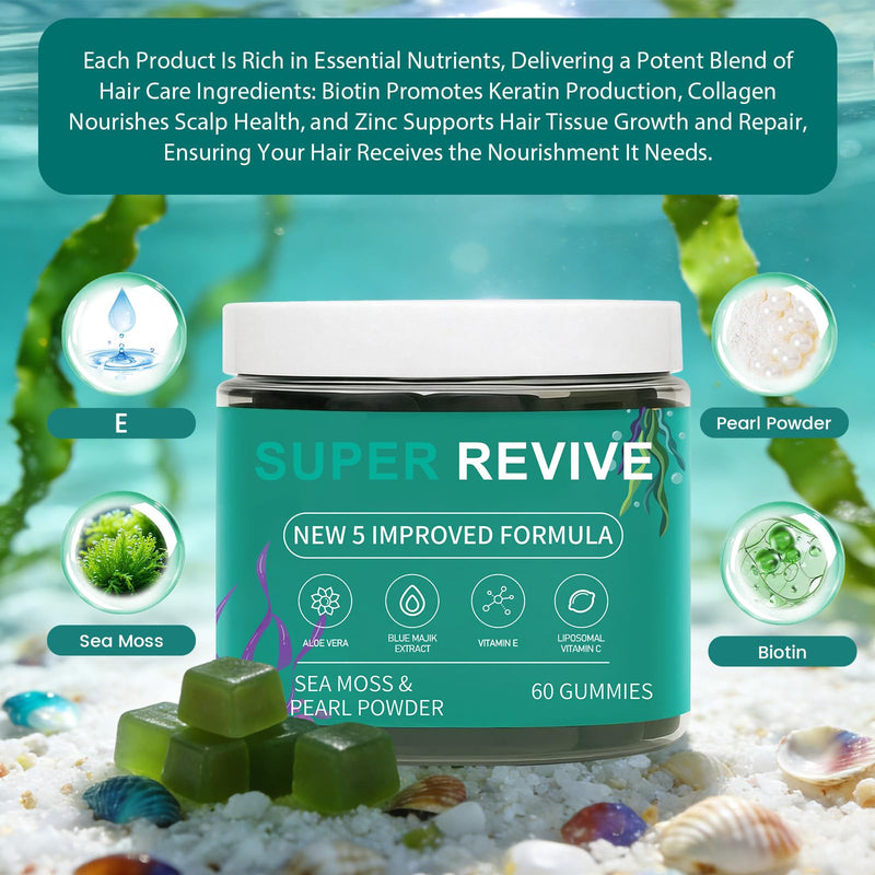 Super Revive Gummies for Hair Loss - Sea Moss Gummies with Vitamin C, E, Aloe Vera & Pearl Powder Glow, Promotes Thicker, Fuller & Stronger Hair - 60 Count