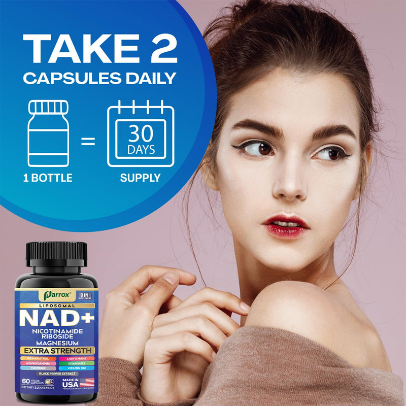 NAD+ Supplement, Liposomal Nicotinamide Riboside, 10-in-1, 60 Capsules | Nicotinamide Riboside, Magnesium, Vitamins B3 & B12, Resveratrol, Turmeric, Ashwagandha & Lion's Mane 60 Count (Pack of 1)