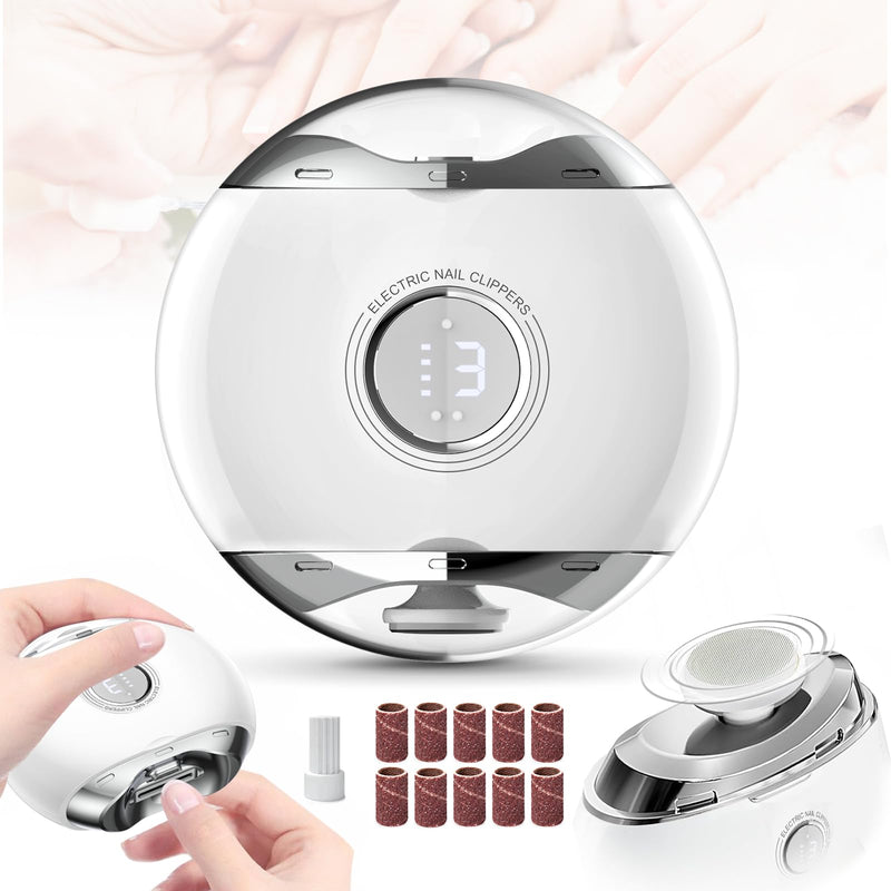 【3 Speeds】 Alinsea Electric Nail Clipper,Electric Automatic Nail Clipper with LCD Digital Display,Safety Electric Trimmer for Baby Seniors and Adults,White/Clear White/Clear