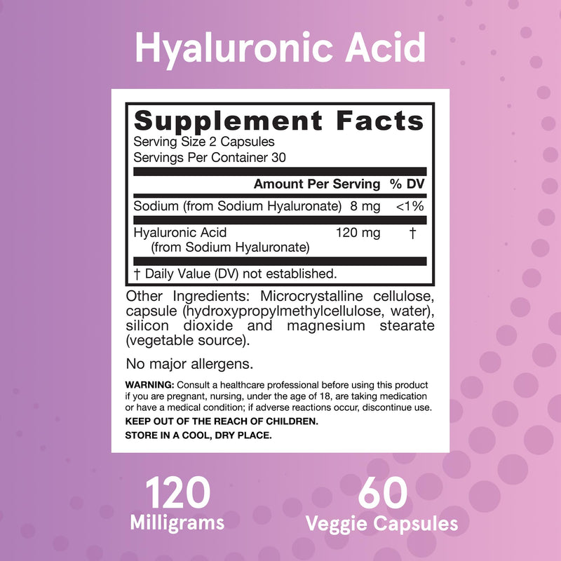 Jarrow Hyaluronic Acid 120 mg, Dietary Supplement, 60 Capsules | Skin Care Support, 120 Veggie Capsules, Up To 60 Day Supply, Supports Healthy Skin Hydration Unflavored 60 Count (Pack of 1)