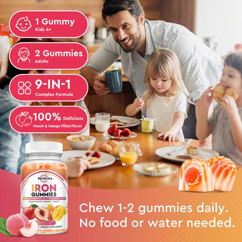 Iron Supplement Gummies for Adults & Kids - with Calcium, Zinc, Folate & Multivitamin - Blood Builder & Energy Support & Immune Health for Iron Deficiency, Anemia, Vegan -Peach & Mango Flavor,120ct Peach & Mango 60 Count (Pack of 2)