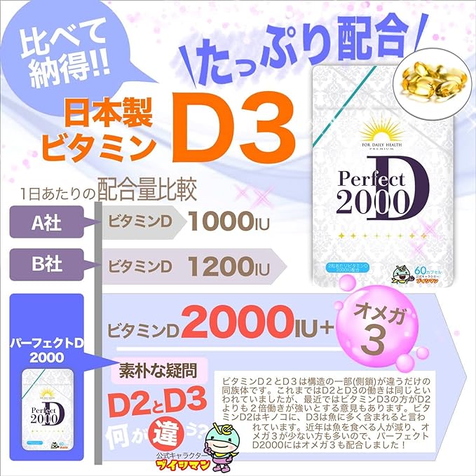 High Concentration Vitamin D 2000IU 50μg Vitamin D3 Omega 3 Perfect D2000 Supplement 1 tablet 1000IU 60 tablets (1 piece) - BeesActive Australia