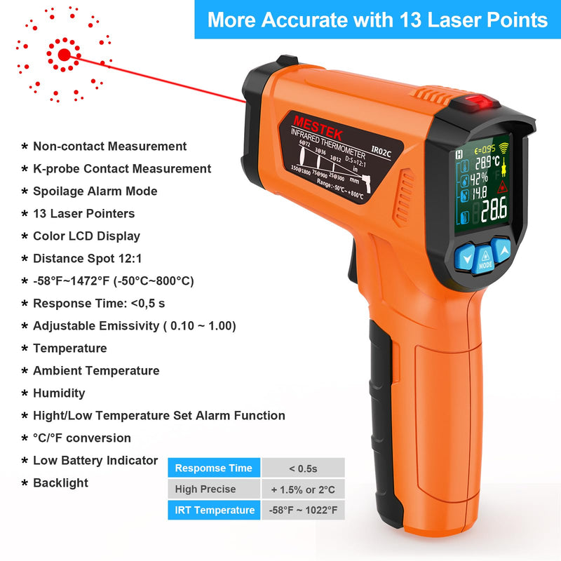 Infrared Thermometer Gun, Non Contact Digital Laser Thermometer Temperature Gun with Color LCD for Cooking, Home Repairs, Humidity Measurement, Adjustable Emissivity -58°F to 1472°F(-50~800°C) Orange -58℉~1472℉(-50℃~800℃)