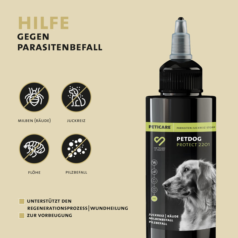 Peticare anti-parasite products for dogs | against mites, fleas, fungi | Effectively relieves itching & supports the regeneration process Unique PRS® system for a long-lasting effect – petDog Protect 2101 oil base 50 ml - BeesActive Australia