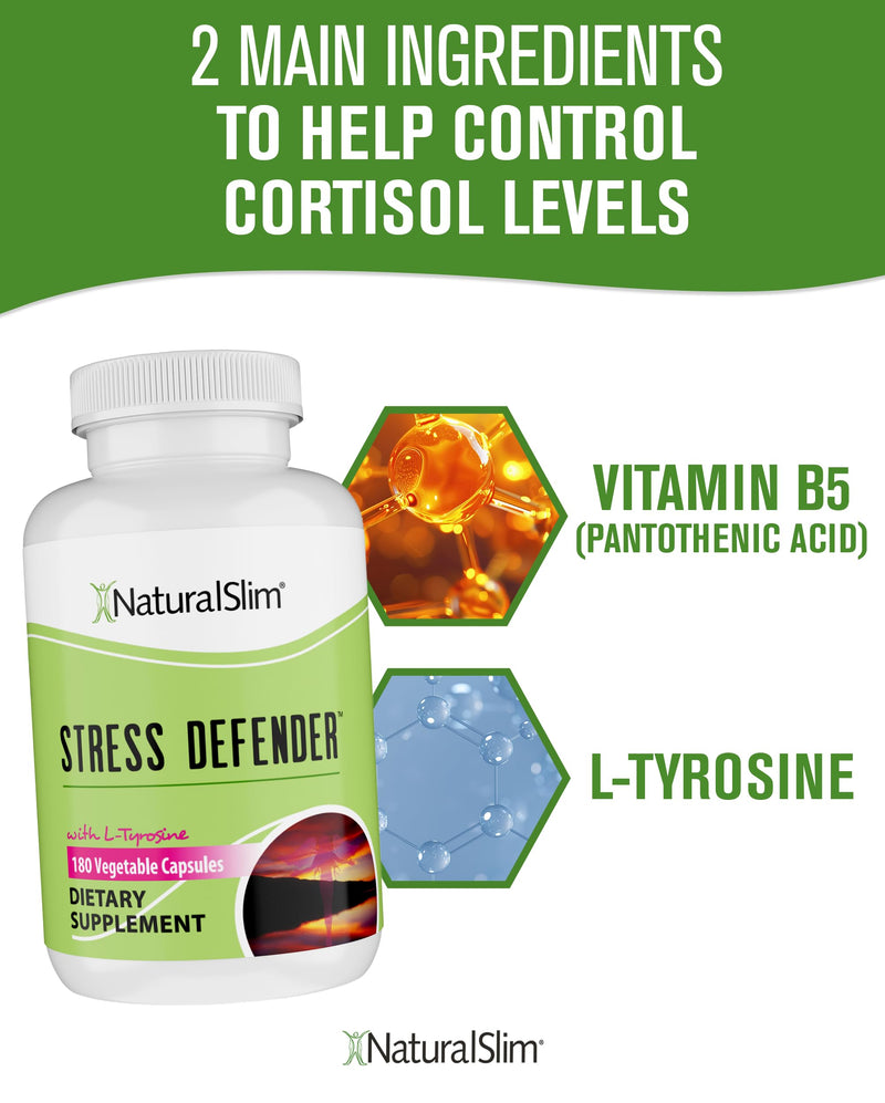NaturalSlim Stress Defender | Cortisol Reducer & Stress Relief | Cravings, Sleep & Metabolism Support | Vitamin B5 & L-Tyrosine | 180 Vegetable Capsules 180 Count (Pack of 1)