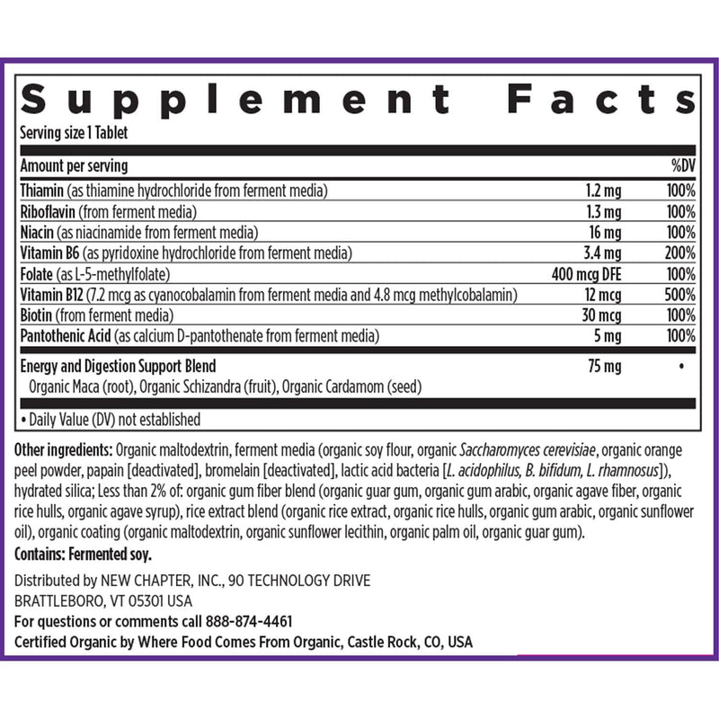 New Chapter USDA Organic Fermented Vitamin B Complex, 60 Count | ONE Daily for Cellular Energy, Brain, and Beauty Support, 100% Vegan, Gluten Free, Certified Organic B Vitamins Unflavored 60 Count (Pack of 1)