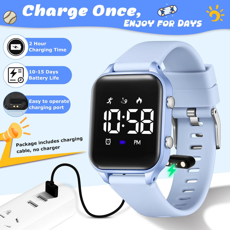 Kids Digital Watches for Boys Girls, Sports Watch with Fitness Tracker, Pedometer, Alarm Clocks, Stopwatch, No App Needed Waterproof Kids Watch, Gift for Teens Student Girls Boys Ages 5-14 L6615E-LightBlue