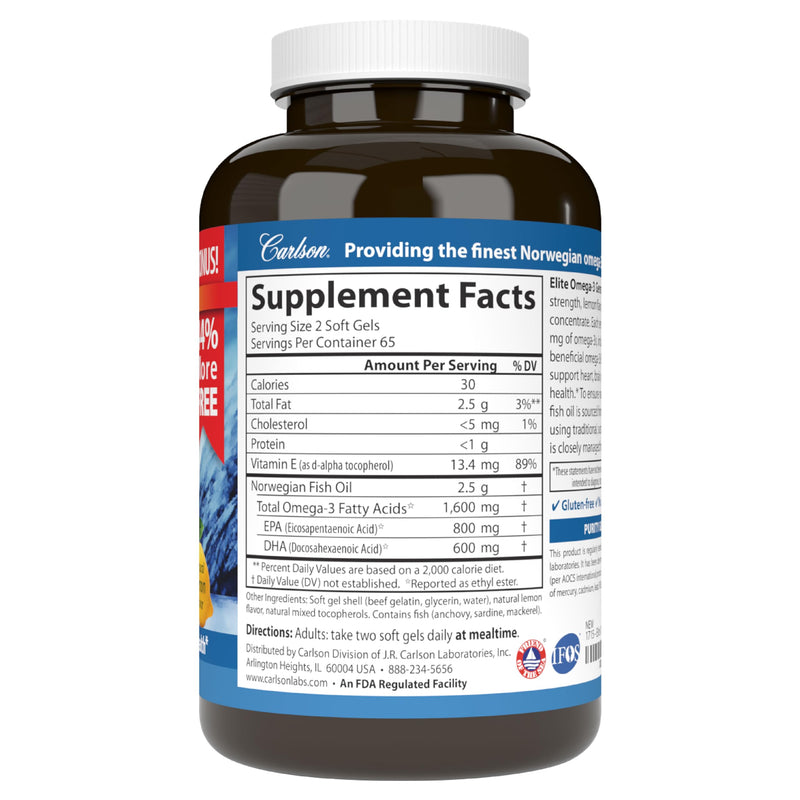Carlson - Elite Omega-3 Gems, 1600 mg Omega-3 Fatty Acids Including EPA and DHA, Norwegian, Wild-Caught Fish Oil Supplement, Sustainably Sourced Omega 3 Fish Oil Capsules, Lemon, 130 Softgels 130 Count (Pack of 1) - BeesActive Australia