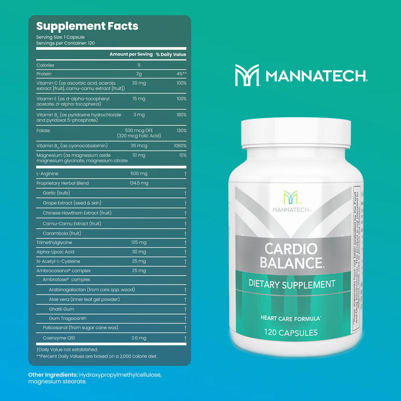 Mannatech - CardioBALANCE® - 120 Capsules | Contains L-Arginine, CoQ10, Folic Acid, Vitamins C, E, B6 and B12, Daily Cardiovascular Wellness Support