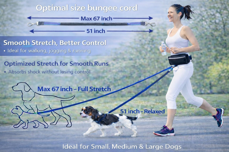 Hands Free Dog Leash with Waist Belt & Large Zipper Pouch, Waist Leash for Dog Walking, Running & Hiking, Reflective Stitching & Dual Padded Handles, Ideal for Medium to Large Dogs (25–125 lbs) Black Blue