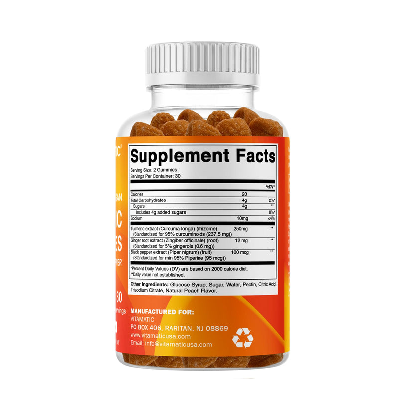 Vitamatic Vegan Turmeric Gummies with Ginger & Black Pepper, 60 Count | 95% Curcuminoids and piperine, Supports Inflammatory & Antioxidant Activity*, Natural Peach Flavor, Gluten Free, Non-GMO