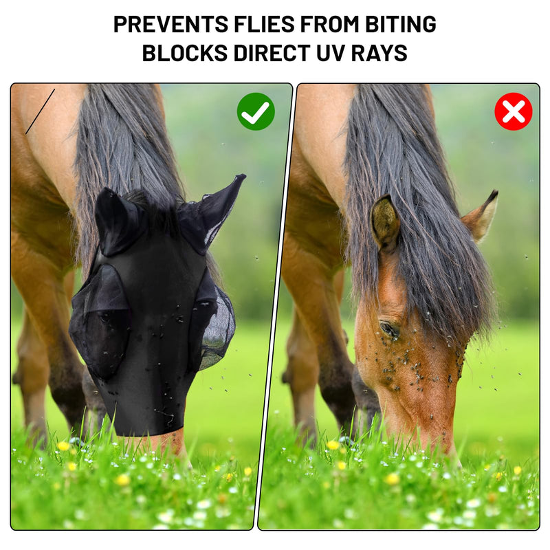 Darryy Fly Mask, Fly Mask Horse, Fly Protection Elastic, Fly Mask Horse UV Protection (Black) Black - BeesActive Australia