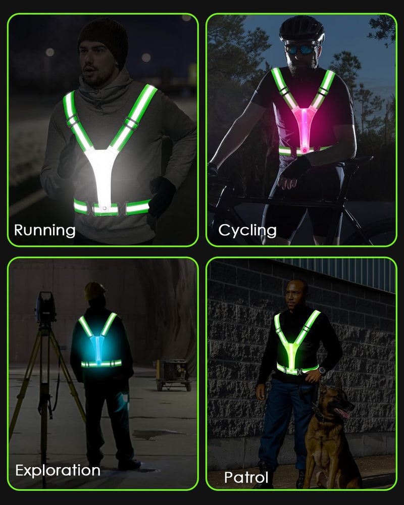 Zacro LED Reflective Vest Running Gear, 5 Lights Colors High Visibility Reflective Running Gear Rechargeable Light Up Running Vest for Walking Running Cycling, Adjustable for Men Women Kids Light Green 2