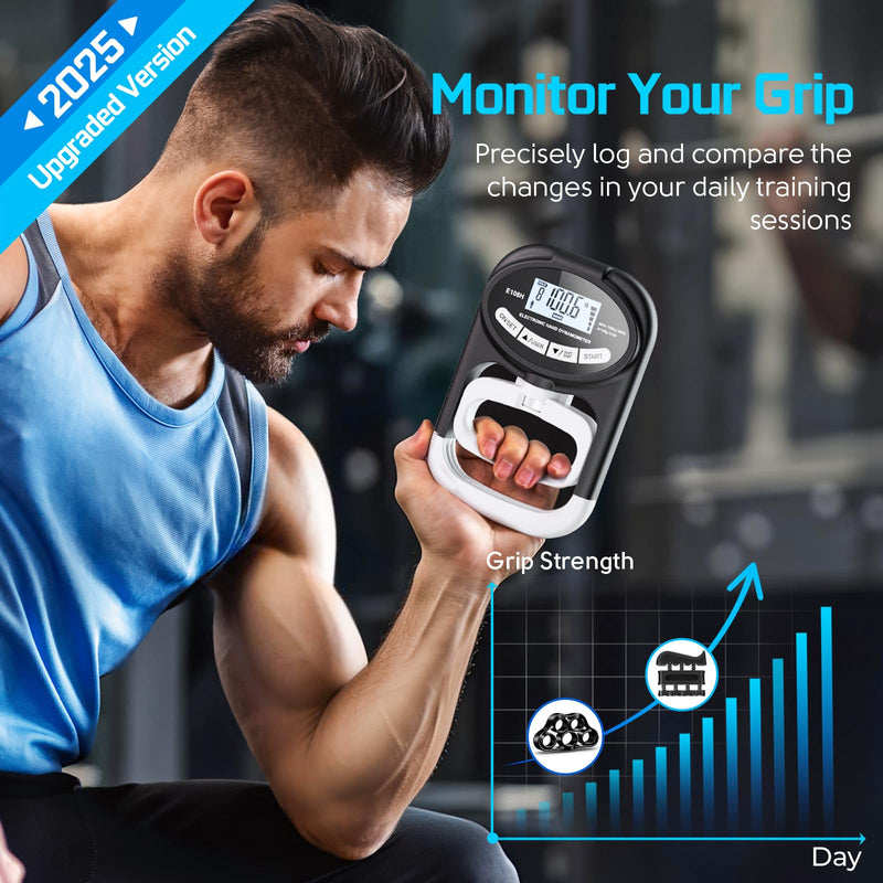 Grip Strength Tester Hand Dynamometer - Grip Strength Trainer Electronic Hand Gripper Strengthener Wrist Exerciser Meter Digital Training Gauge 265 Lbs / 120 Kgs for Sport School Home Use Black