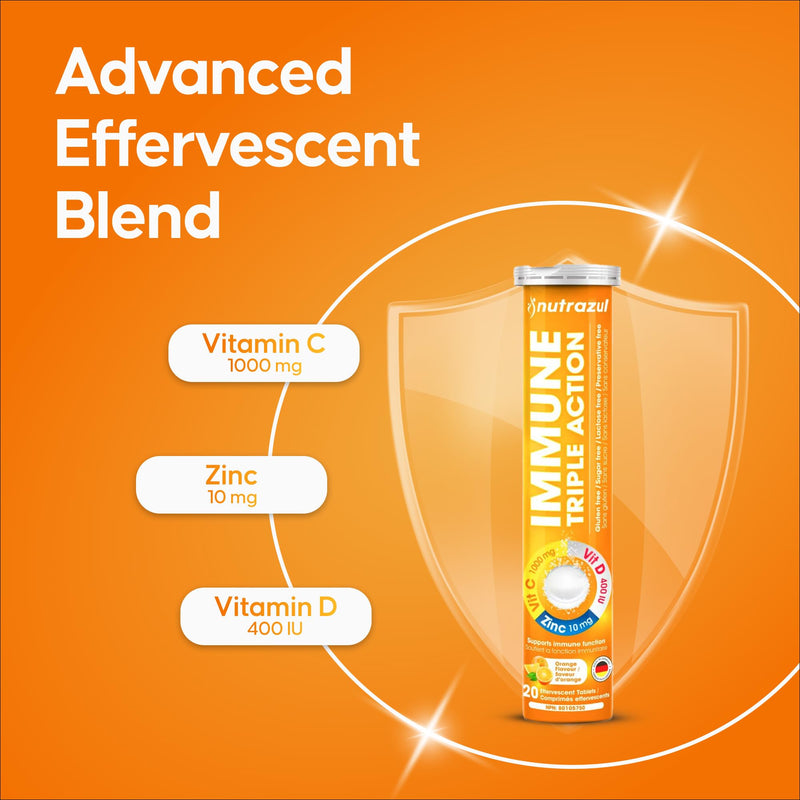 nutrazul Immune Triple Action Effervescent Tablets with Vitamin C 1000mg, Vitamin D, Zinc, Support Daily Routine, Gluten-Free, Sugar-Free, Lactose-Free, Orange Flavor, 20 Tablets (Pack of 5x20) 20 Count (Pack of 5)
