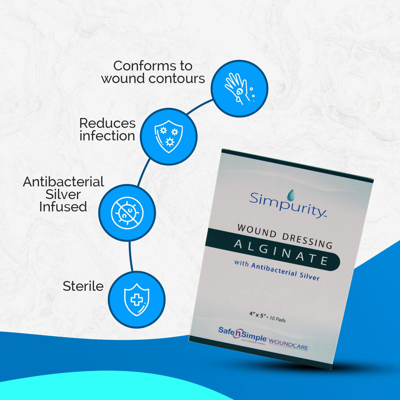 Silver Calcium Alginate Wound Dressing - Simpurity - 4"x 4" Individual Thick Pads - Dressing for Wound Care - Non-Stick Sterile Calcium Alginate Pads with Silver - Safe n' Simple Wound Care Products 4" x 4" - 10 Pads