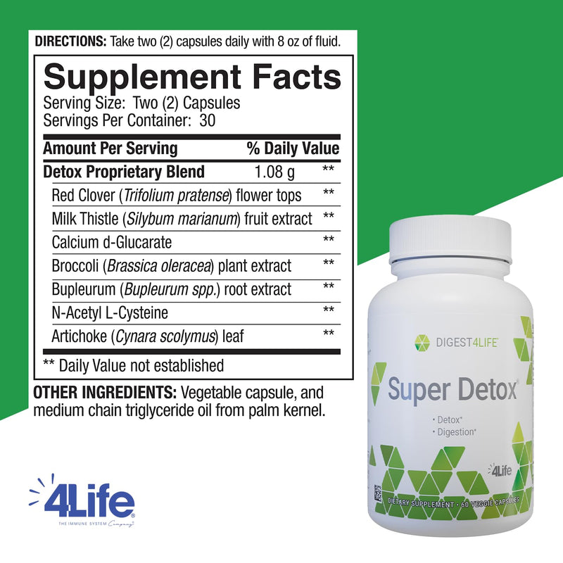 4Life Digest4Life Super Detox Liver Support with Milk Thistle, 60 Capsules | Healthy Digestion, Artichoke, Red clover, NAC, Calcium D-glucarate, Liver supplement, Cleansing, Gut and cellular wellness