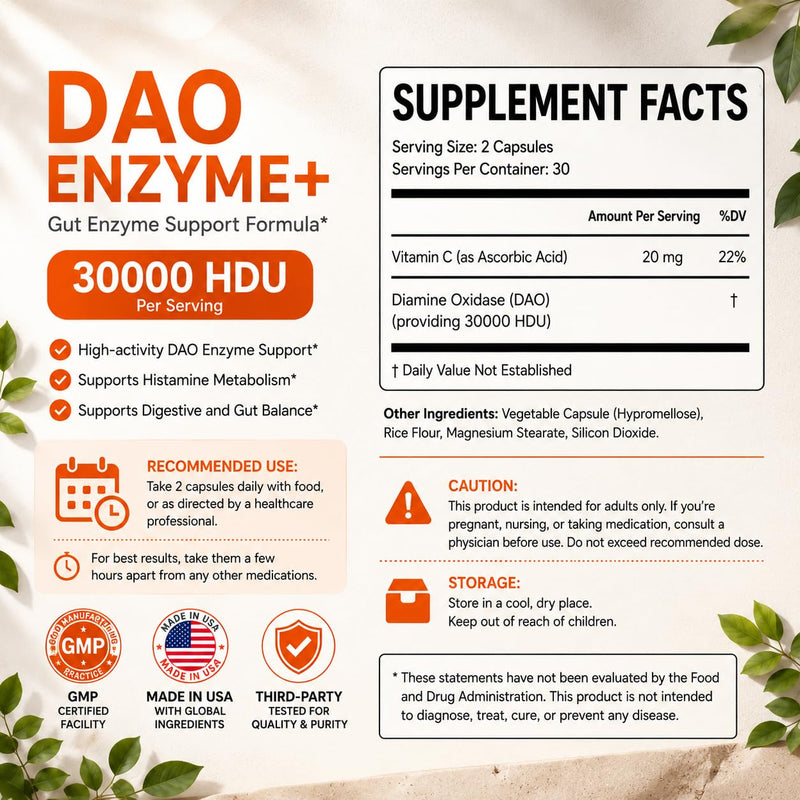 DAO Supplements Histamine Blocker – Enzyme + Triple-Strength 30,000 HDU | DAO Enzyme + Vitamin C, 60 Capsules, Histamine Intolerance & Gut Support, High Activity DAO