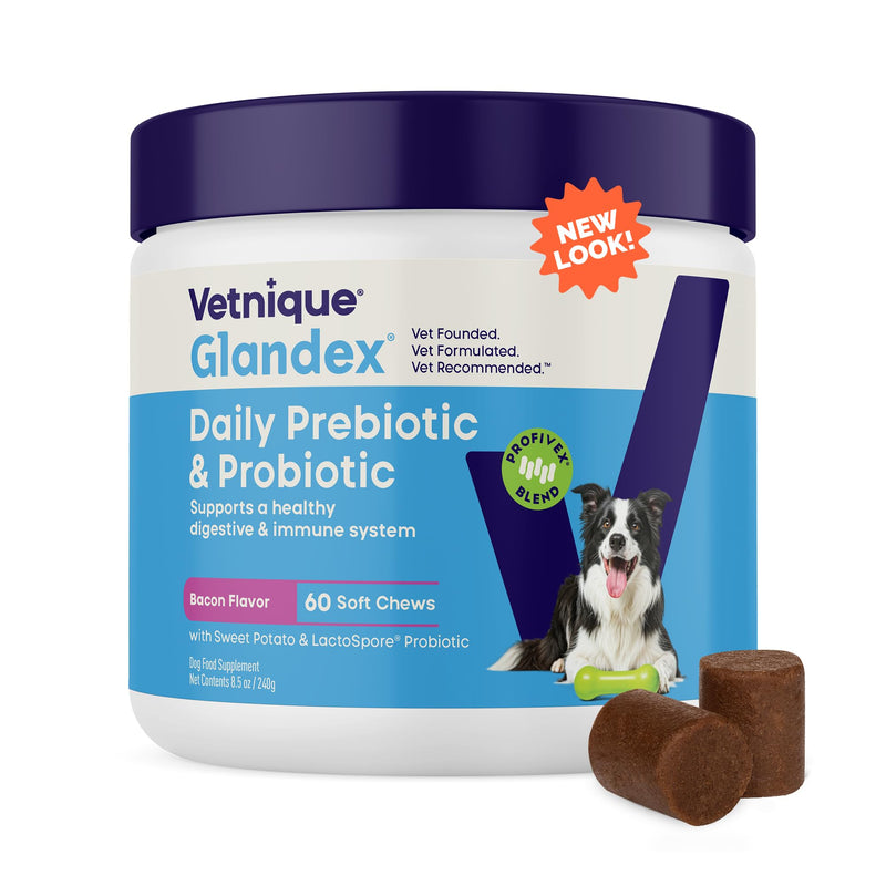 Vetnique Glandex for Dogs Prebiotic & Probiotic Supplement Chews 60 Count Bacon Flavor Plus Glandex Anal Gland Support Chews 60 Count Peanut Butter Flavor, 5-Strain Probiotics for Dogs Bundle