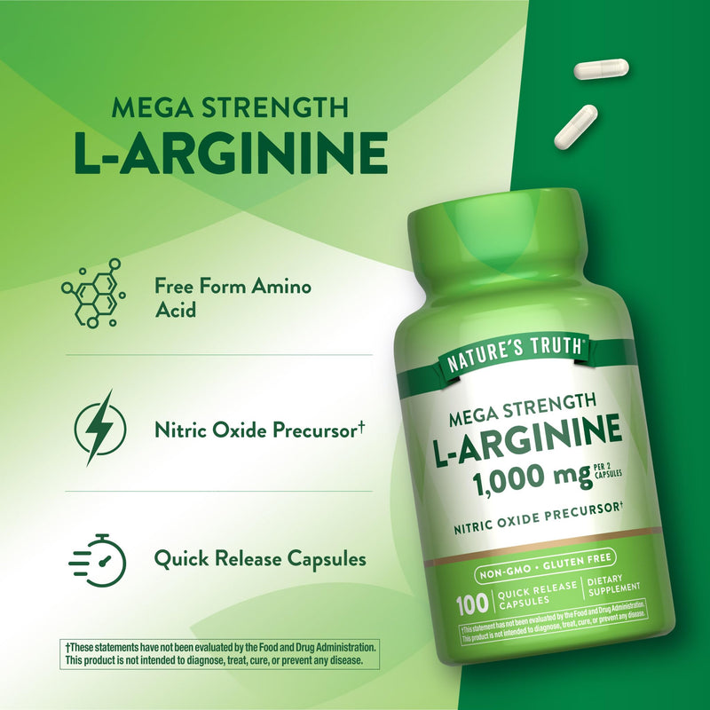 Nature's Truth L-Arginine 1000mg | 100 Capsules | Mega Strength | Non-GMO & Gluten Free Supplement | Non-GMO & Gluten Free Supplement