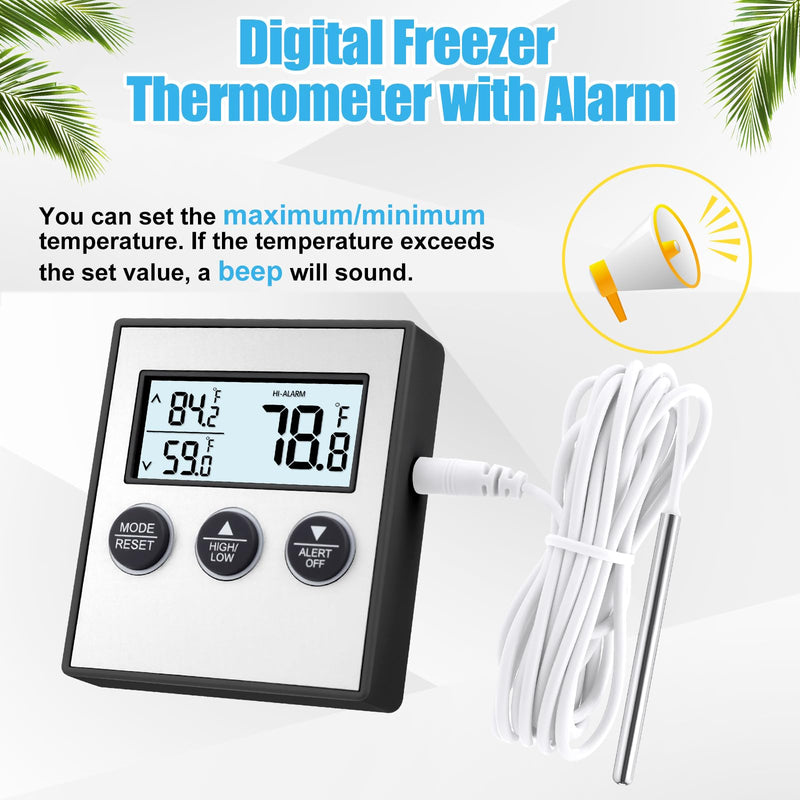 Relaxweex 3 Pack Refrigerator Thermometer Freezer Alarm Digital Thermometer with Sensor, High and Low Alarm Memory Function for Freezer Fridge Kitchen Aquarium (Black,Silver) black, silver