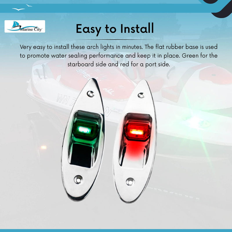 MARINE CITY 12V Flush Mount LED Navigation Lights - Red & Green, Stainless Steel, Waterproof for Boats, Yachts (Pack of 2)
