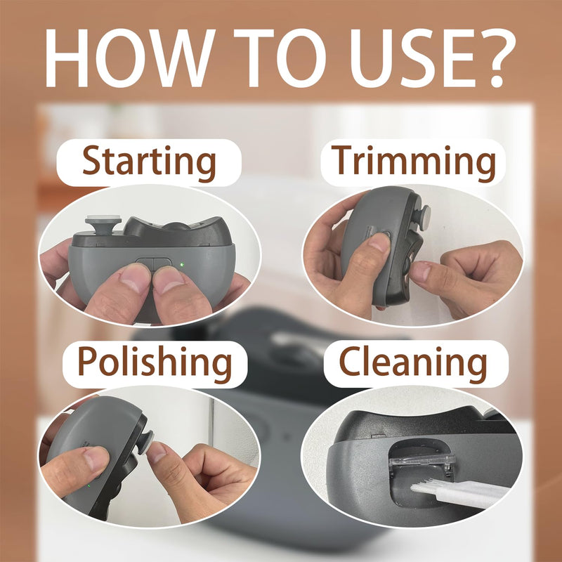 Electric Nail Clipper - 3 in 1 Upgraded Smart Trimming & Polishing Nail Clipper with 2 Adjustable Speeds, LED Light & Chip Collecting Box, Suitable for Adults, Elderly（Gray） Gray