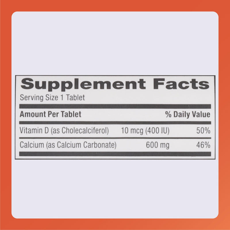 Rugby 600mg Calcium Tablets - Made with 10mcg (400 IU) of Vitamin D3 - Dietary Supplement - 60 Count