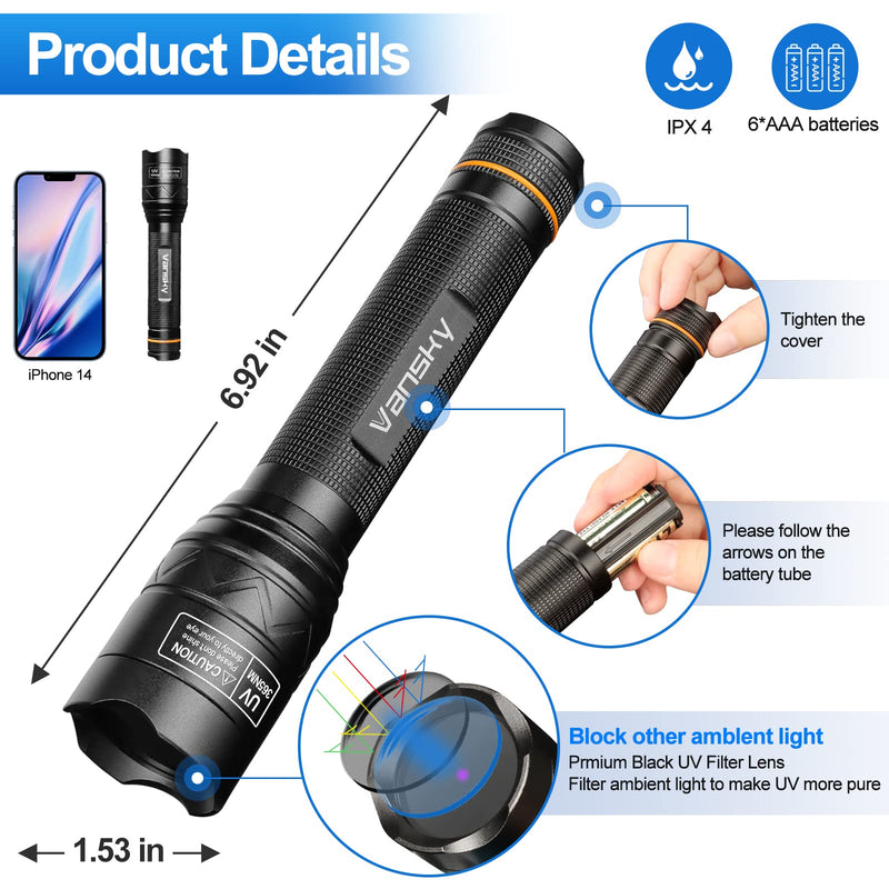 Vansky X7 Pro 365nm UV Light Blacklight Flashlights: LED Black Light Flashlite Professional Ultraviolet Flashlight Pet Urine Detector for Dog Cat, Resin Curing and Rock Hunting(Batteries are Included) - BeesActive Australia