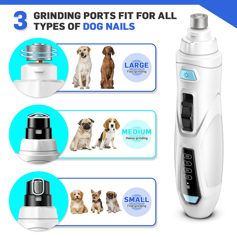 Dog Nail Grinder Super Quiet Dog Nail Trimmers 3 Grinding Wheels 3 Speed 3 Ports Rechargeable Pet Nail Grinder for Dogs with LED Display Dog Nail Clippers Kit for Large Medium Small Dogs Cats (White) White - BeesActive Australia