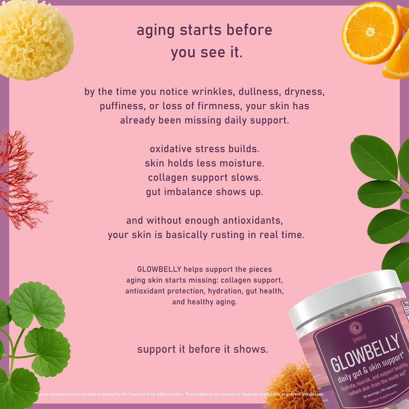 Sunrae Glowbelly Beauty Supplement with Sea Moss, Astaxanthin, Moringa, & Vitamin C for Glowing Skin, Hydration, Healthy Aging & Gut Health – 90 Capsules