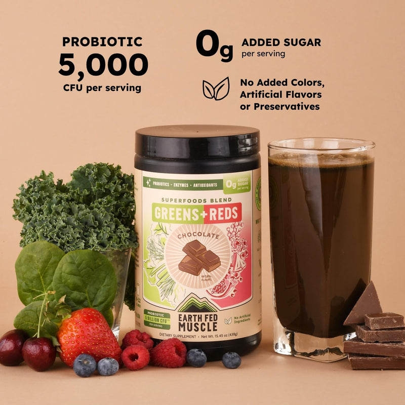 Greens and Reds Superfoods Blend, Chocolate – Kale, Spirulina, Wheatgrass & Elderberry – Antioxidant Support, Vitamins & Probiotics – No Artificial Ingredients – 30 Servings | Kale, Spirulina, Wheatgrass & Elderberry, Antioxidant Support, Vitamins & Pr...