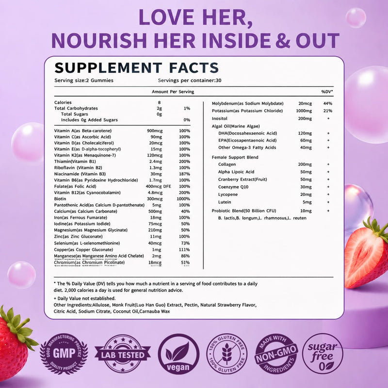Multivitamin for Women Gummies, 38-IN-1 Chewable Vitamins for Adults | Daily Female Folic Acid Supplements with Iron, Collagen, Biotin, B complex, Inositol for Hair Skin & Nails, 60 Count