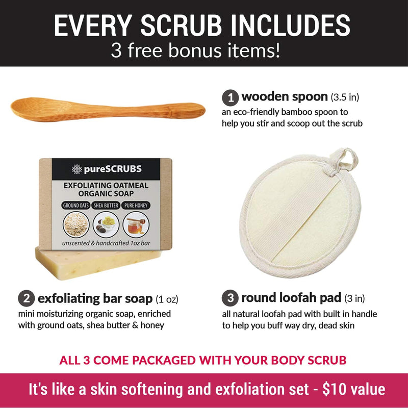 pureSCRUBS Premium Organic Body Scrub Set - INCLUDES spoon, loofah & soap - Large 16oz COCONUT BODY SCRUB Dead Sea Salt Infused Organic Essential Oils & Nutrients - BeesActive Australia