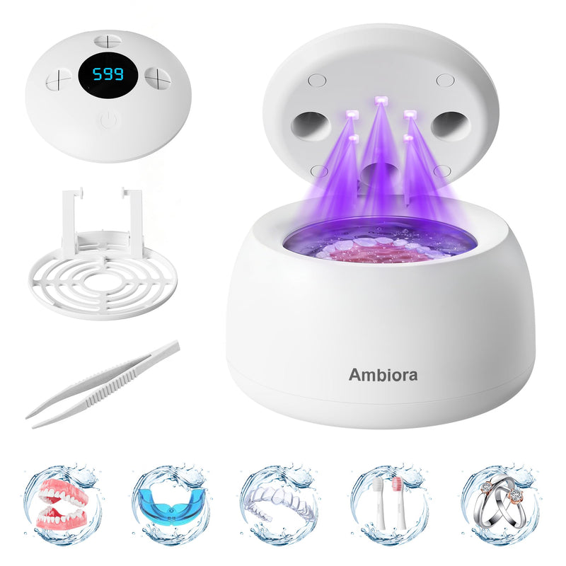 Ultrasonic Retainer Cleaner Machine, 45kHz ultrasonic cleaner for denture/Jewelry/Toothbrush with 4 Cleaning Modes, Digital Timer, 200ML Mouth Guard Cleaner for Aligner Ivory