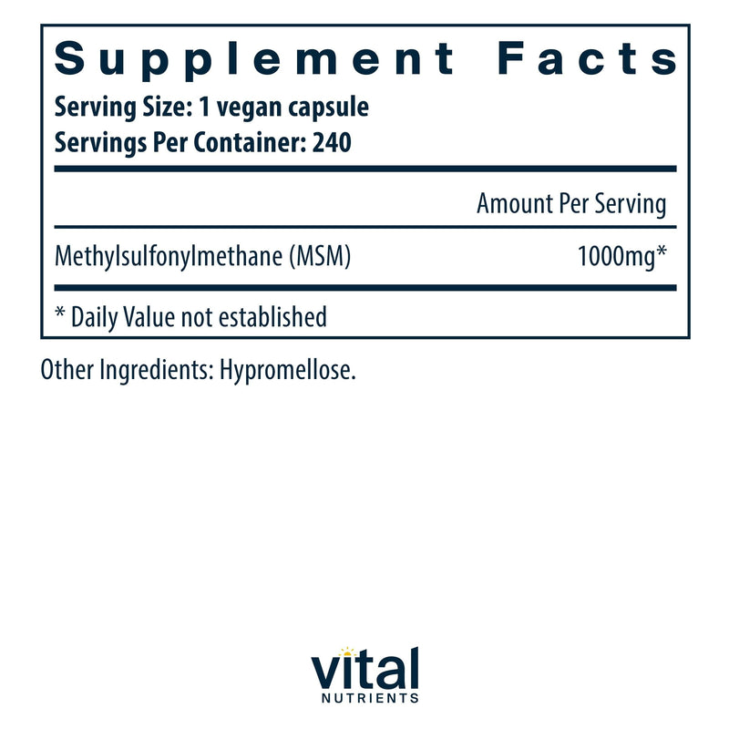 Vital Nutrients - MSM 1000 mg - Natural Form of Organic Sulfur - 240 Capsules